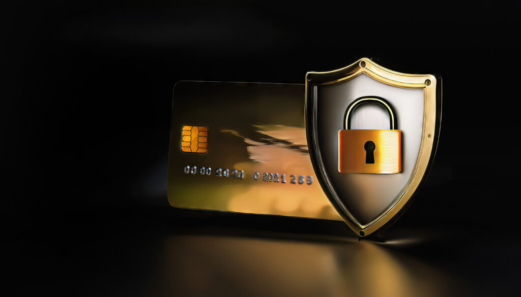 golden credit card and shield with padlock representing pci compliance.