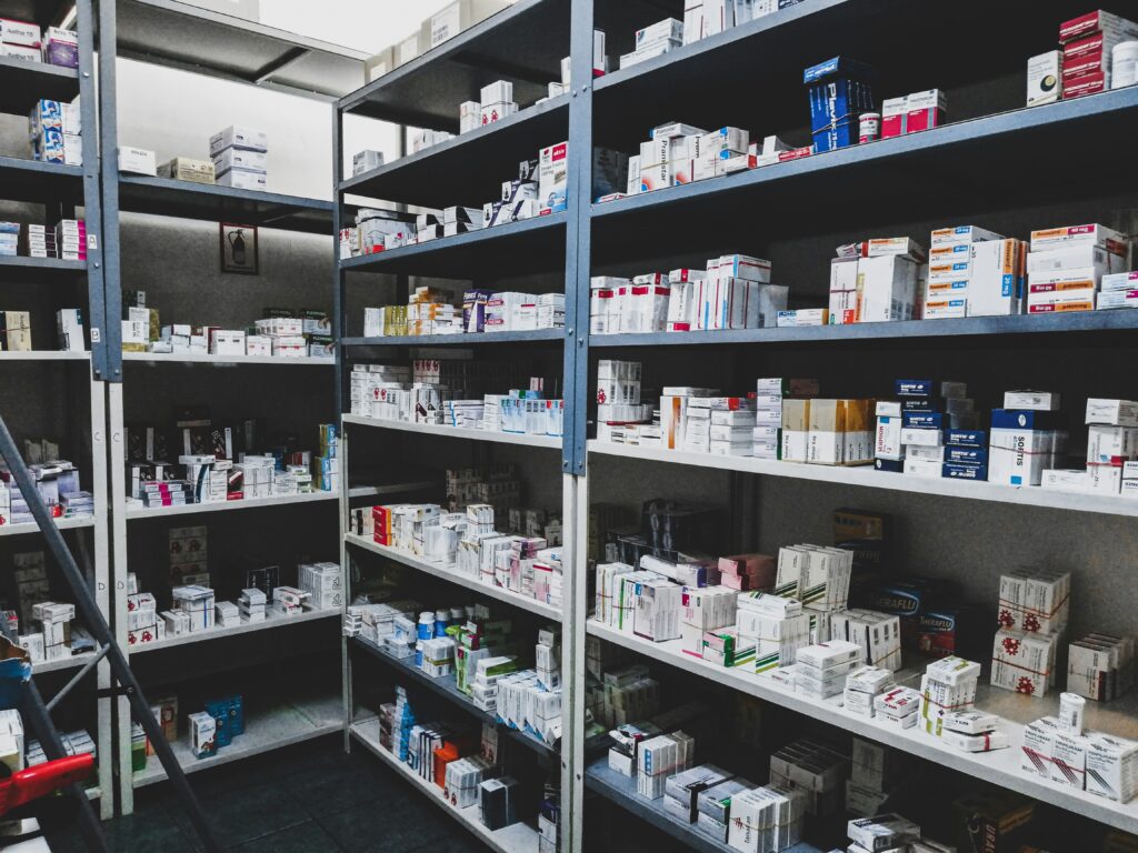 medications on shelves in pharmacy