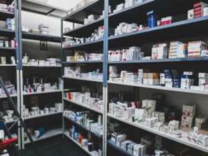 medications on shelves in pharmacy