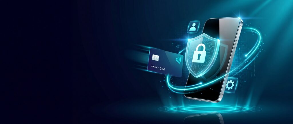 Mobile phone with credit card and shield icon to represent PCI DSS payment security