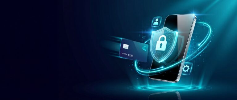 Mobile phone with credit card and shield icon to represent PCI DSS payment security